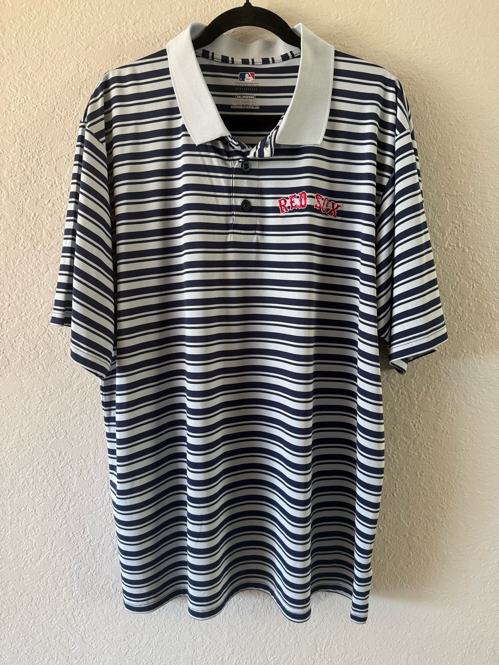 MLB Boston Red Sox Striped Short Sleeve Polo Shirt Men’s 2XL Embroidered EUC